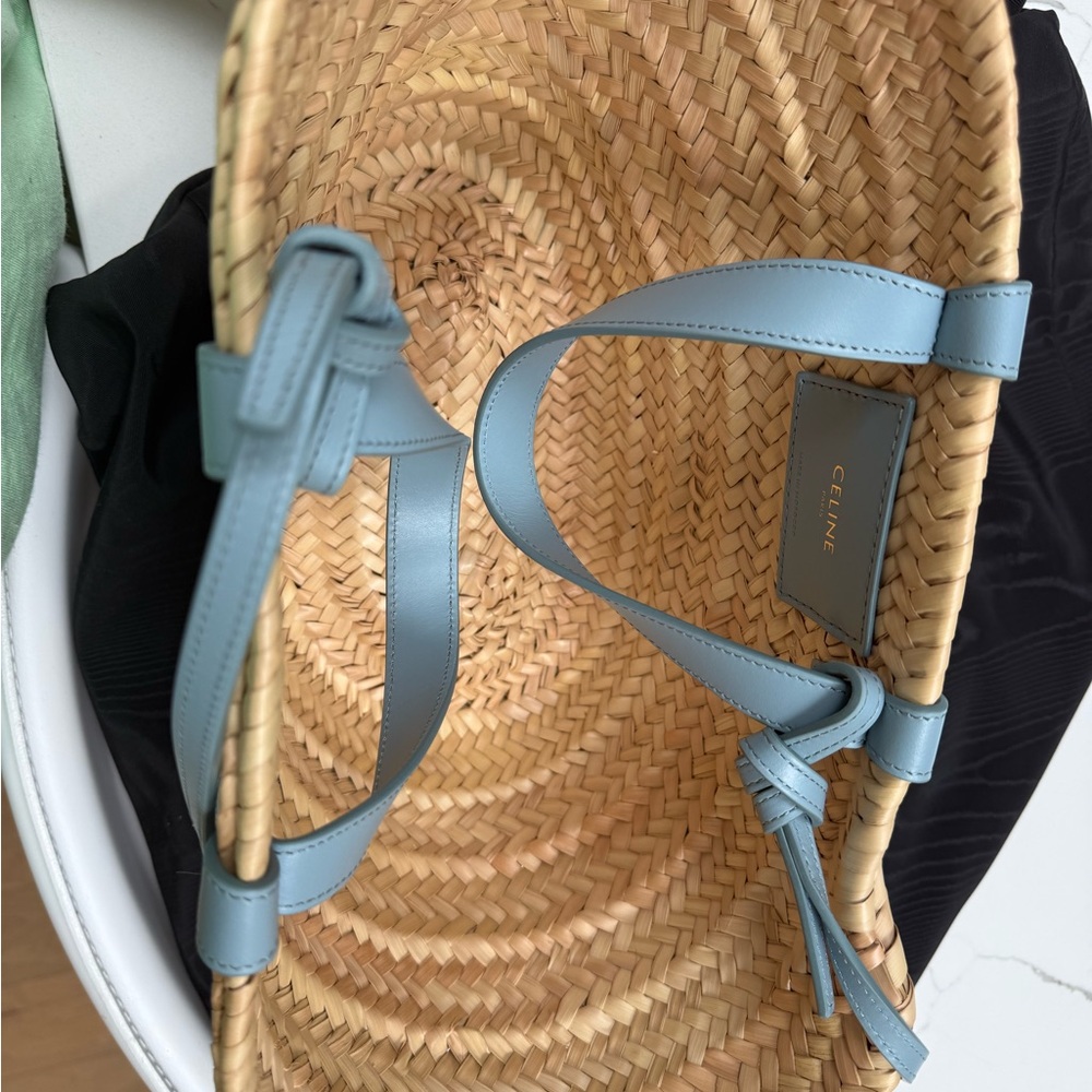 Celine Natural Straw Tote with Light Blue Leather Trim - Picture 2 of 5